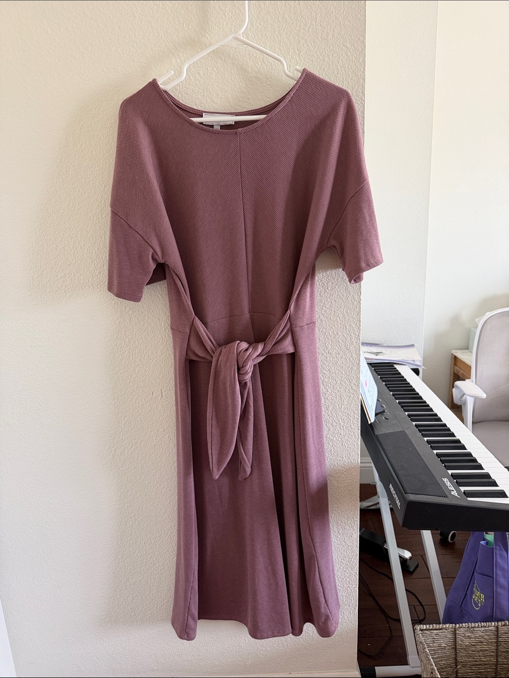 Women's Mauve short sleeve Tie-Waist Midi Dress